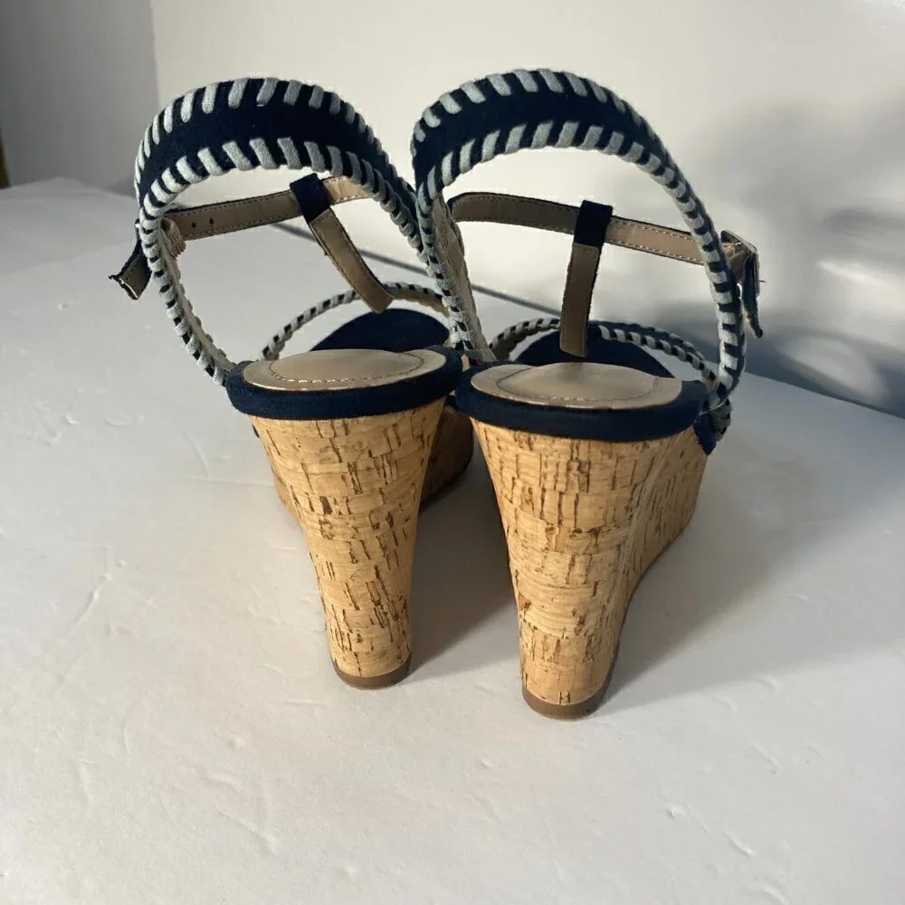 Charles David SZ 9.5 Denim Blue Suede Ankle T-Strap Cork Wedges